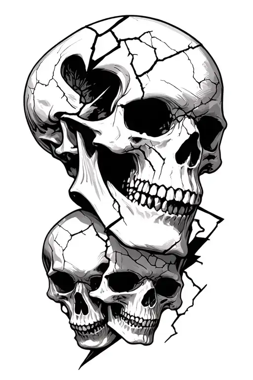 Pile Of Old Cracked Skulls With Black Lighning Bolt