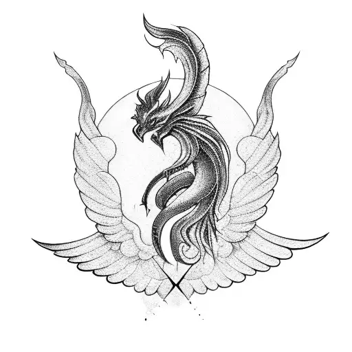 A Blackwork Tattoo Of A Mythical Creature Playing A Guitar With Wings