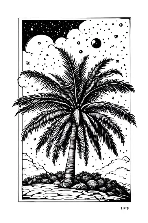 Palm Tree With Outer Space Background Black