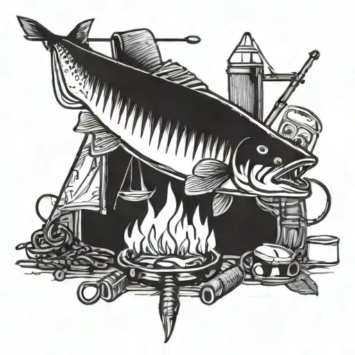 A Detailed Blackwork Tattoo Of A Fishing Lure Surrounded By Camping Gear And A Roaring Campfire