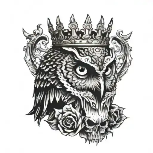 Angry Owl Perched On Skull Wearing A Crown