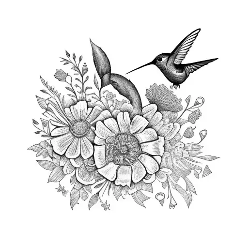 A Vibrant Bouquet Of Wildflowers With A Hidden Hummingbird Nestled Among Them