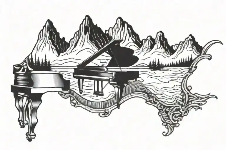 Piano Inspired Design With Mountain Landscape In The Background