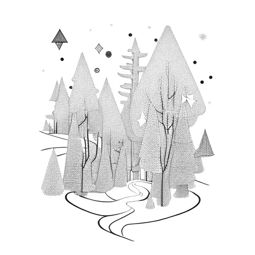 A Winding Path Through A Forest With Stars Shining Above