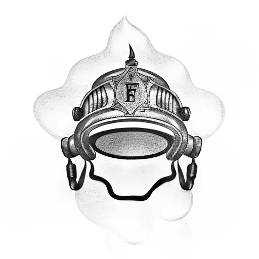 A Tattoo Of A Firefighter's Helmet With Flames In The Background To Represent The Occupation