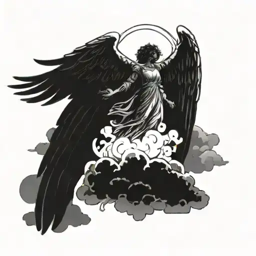 Illustrate A Black Angel Standing On A Cloud With 7 Rays Of Light Shining Down On It