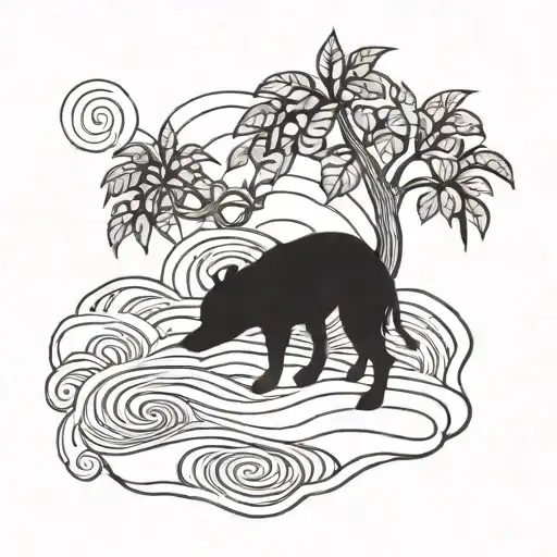 A Stylized Money Tree Growing On A Beach With A Silhouette Of A Dog Playing In The Sand