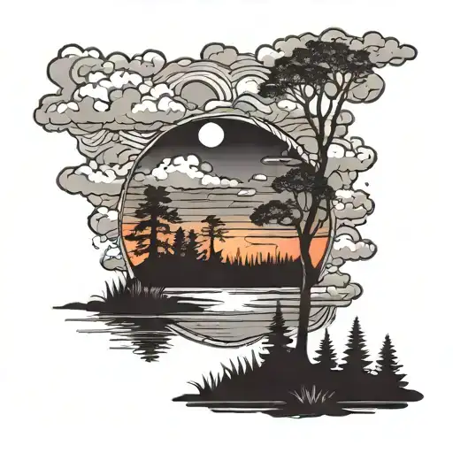 Clouds And Trees Colors Sunset Over Lake