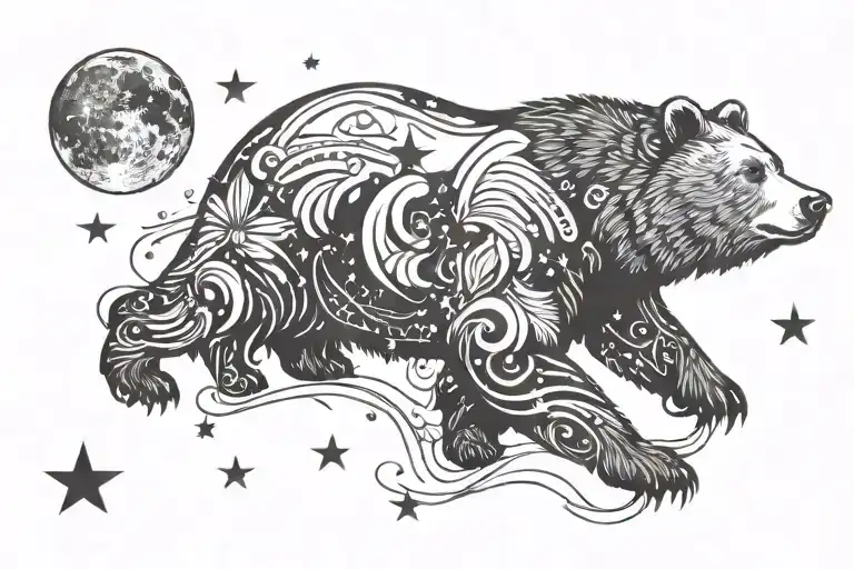 Bear With Moon And Stars Background Black