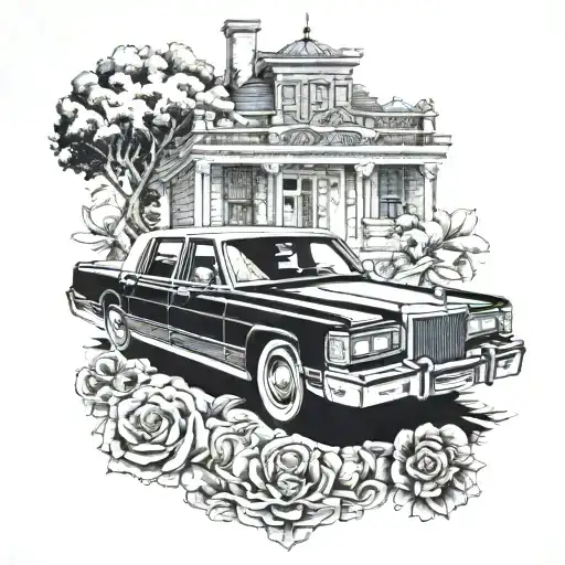 A Blackwork Tattoo Featuring A Vintage Lincoln Town Car With A Subtle Hint Of A Glock