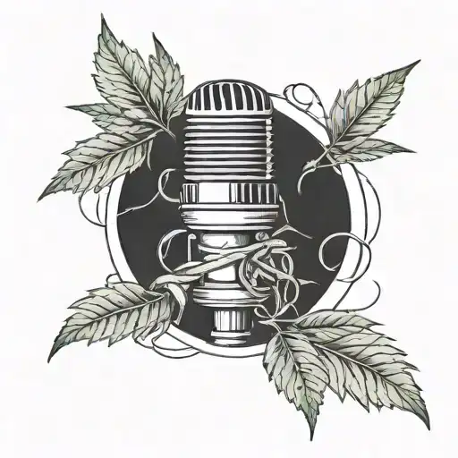 A Microphone Intertwined With Coffee Beans And Cannabis Leaves