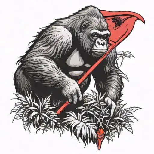 A Gorilla Holding A Red Flag In A Jungle Setting