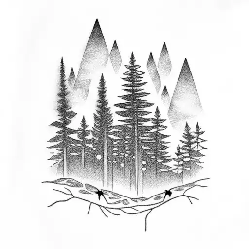 A Blackwork Tattoo Of A Forest At Night With Glowing Fireflies