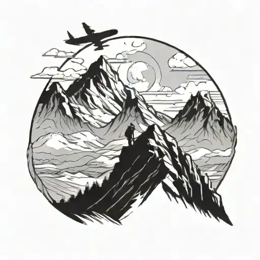 A Silhouette Of A Hiker On A Mountain Peak With A Soaring Airplane In The Background
