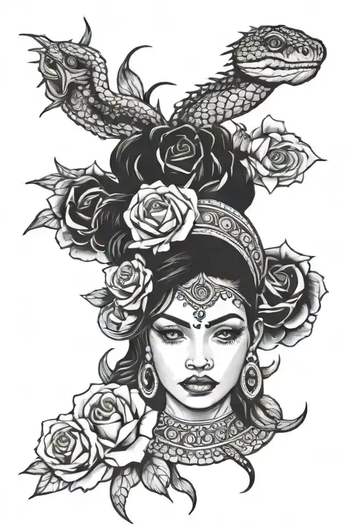 Indian Woman Face Surrounded With Rose And Snake