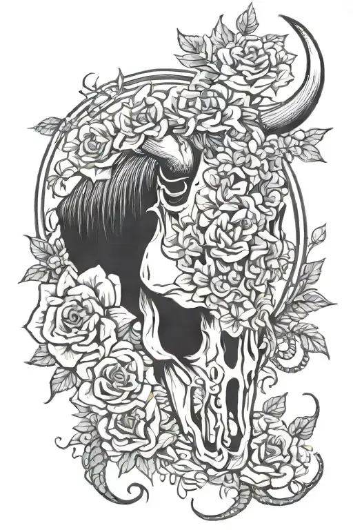 Bull Skull Flowers With Horse Shoe Outline