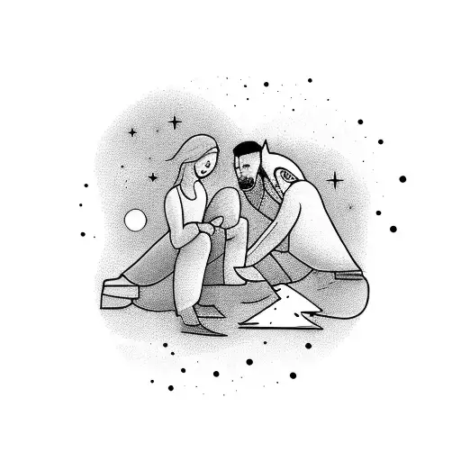 Two People Sitting Looking At A Starry Sky With A Star Highlighted