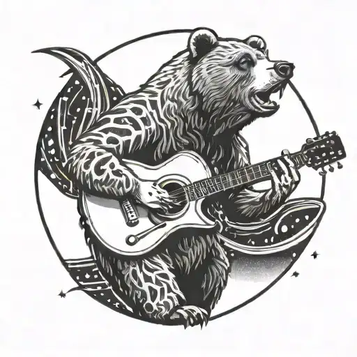A Tattoo Design Featuring A Grizzly Bear Playing A Guitar In Outer Space