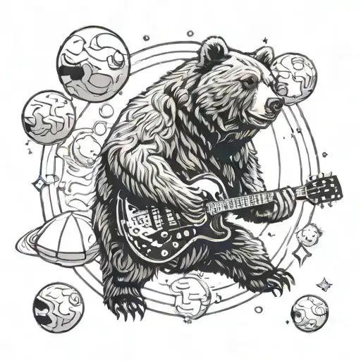 A Tattoo Design Featuring A Grizzly Bear Playing A Guitar In Outer Space