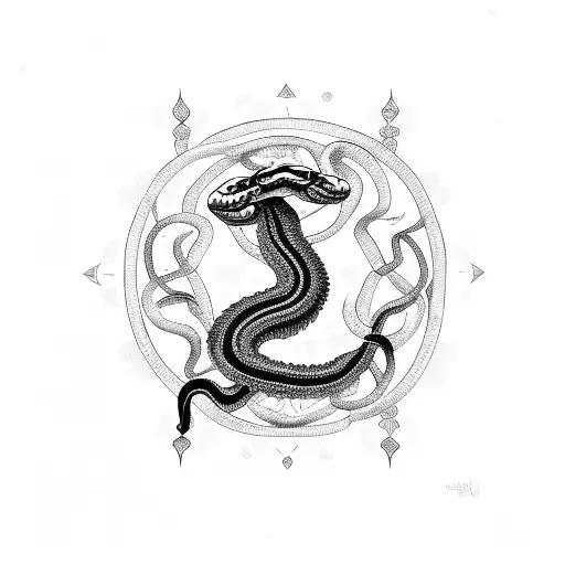 Snake Coiled Around An Indian Deity In Blackwork Style