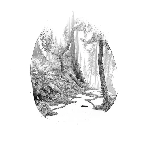 A Trail Winding Through A Lush Forest With A Hidden Waterfall