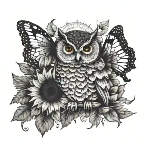 Owl And Butterfly With Sunflower In The Middle