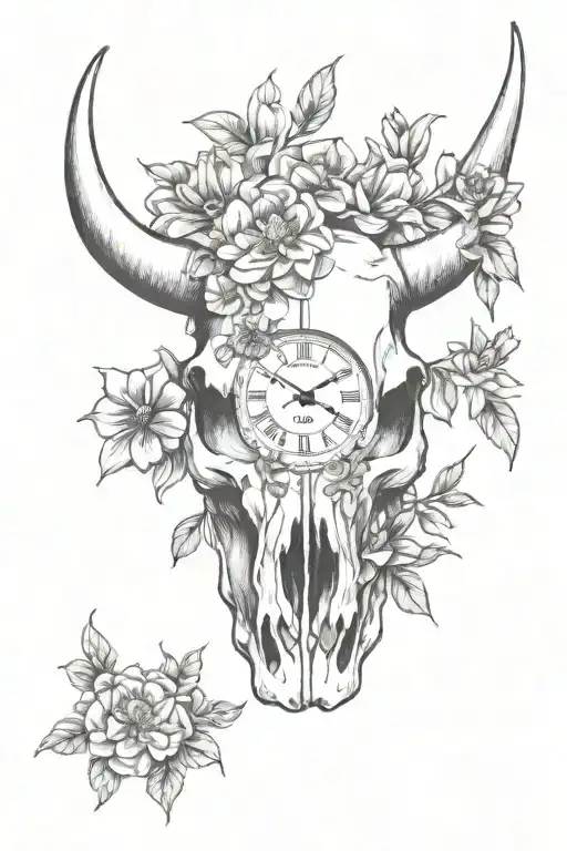 Bull Skull With May Flowers And A Clock