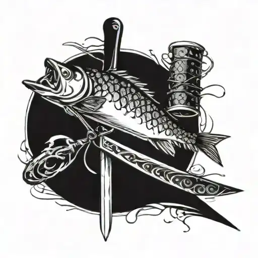 An Intricate Blackwork Tattoo Of A Chef's Knife And A Fishing Hook Crossed Over A Sushi Roll