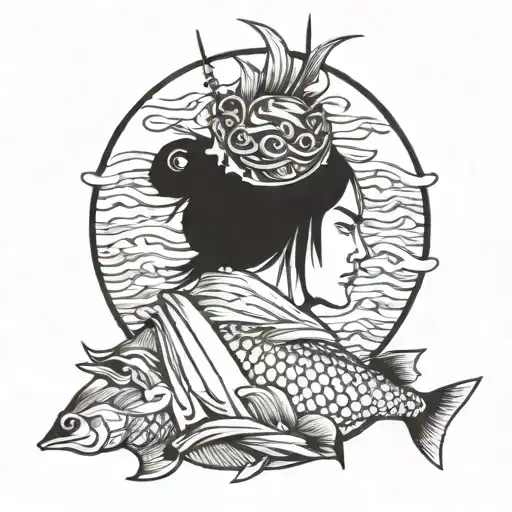 Samurai Calabera With Pei With Fish Swimming