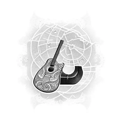 A Blackwork Tattoo Of A Guitar Made Up Of Intricate Travel Destinations