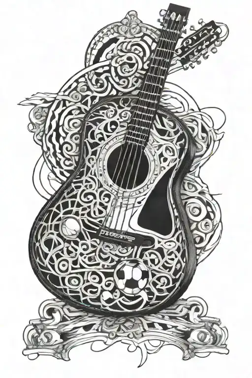 A Detailed Blackwork Tattoo Of A Guitar With Football Laces Woven Into The Design
