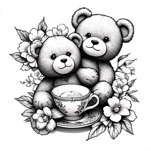 Teddy Bear And Tea Cup Surrounded By Blooming Flowers