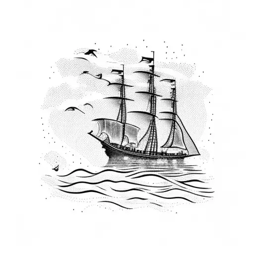 A Silhouette Of A Pirate Ship Sailing Towards A City Skyline On The Horizon