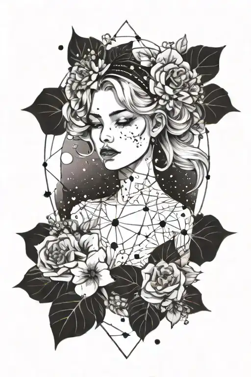 Blonde Femme Woman With Constellation Background Flanked On Each Side By A Lilac Flower Heads