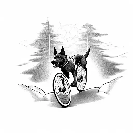 A Dynamic Composition Of A Dog Chasing A Bike Through A Forest Trail