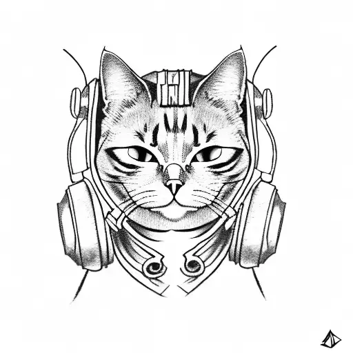 Cat Shinobi With Headphones On Head And Crow On Shelder