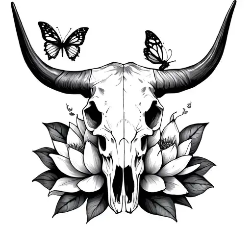 Longhorn Cow Skull With Lotus Flower And Butterflies