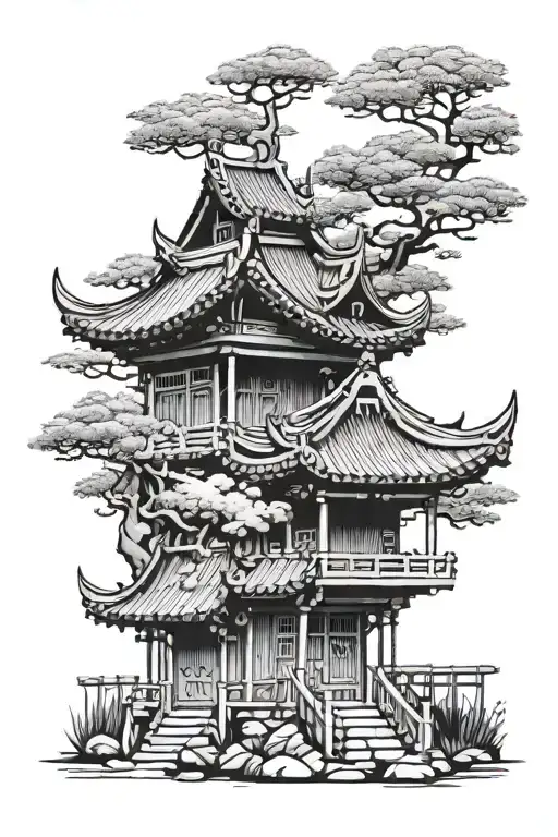 Chinese Huts Detailed Blackwork
