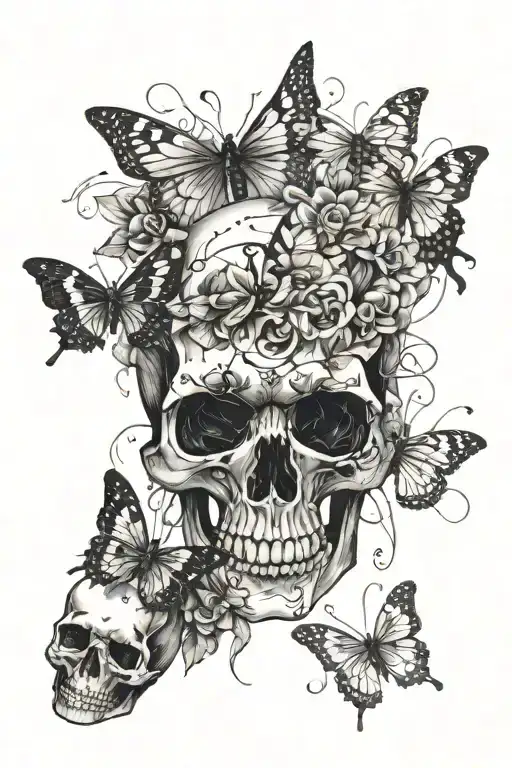 A Skull Surrounded By Ghostly Butterflies And Musical Notes