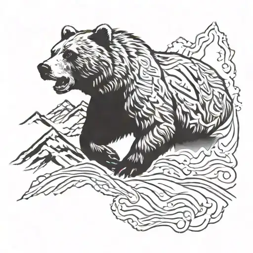 Running Grizzly Bear With Large Mountains In Background