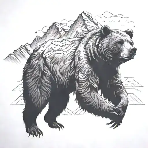 Running Grizzly Bear With Large Mountains