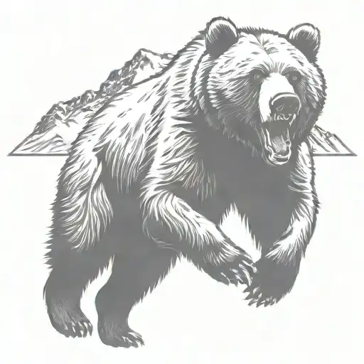 Running Grizzly Bear With Large Mountains