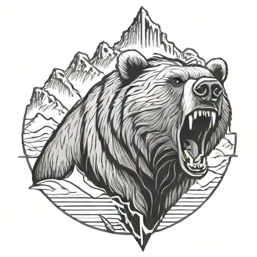 Roaring Grizzly Bear Head With Mountains In The Background