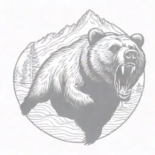 Roaring Grizzly Bear Running Through The Woods