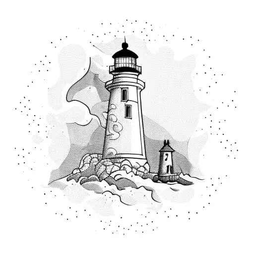 A Blackwork Design Of A Lighthouse With Crabs Crawling Up Its Base