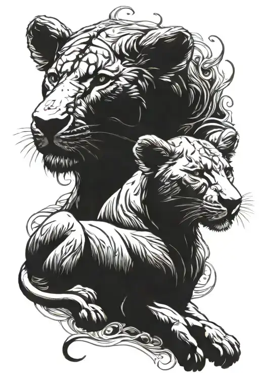 Bull And Lion Cub Resting