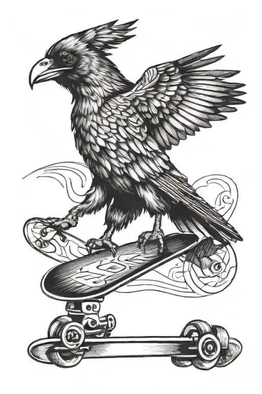 A Detailed Blackwork Tattoo Of A Crow Riding A Skateboard