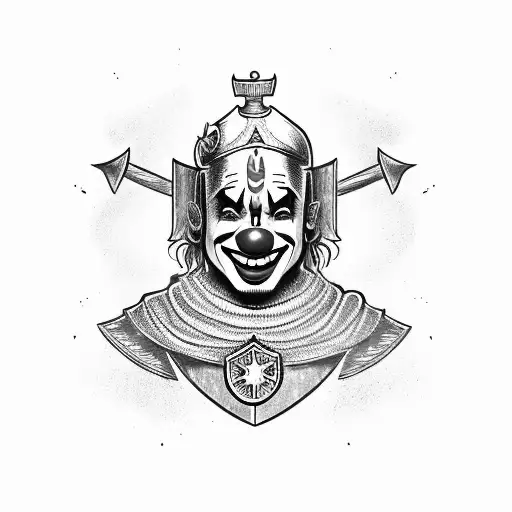 A Clown Dressed As A Knight Holding A Shield With A Jester Symbol
