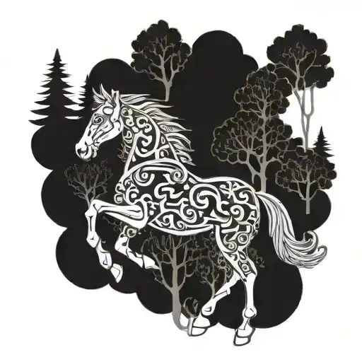 A Majestic Horse Galloping Through A Forest Made Of Intricate Woodwork Designs