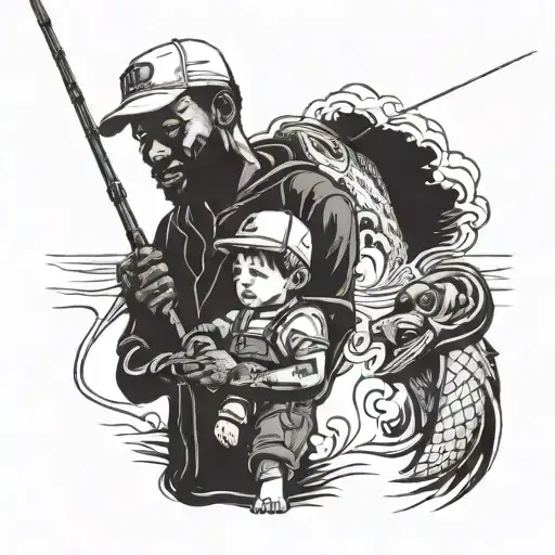 Black Father With Cap And His Son Fishing